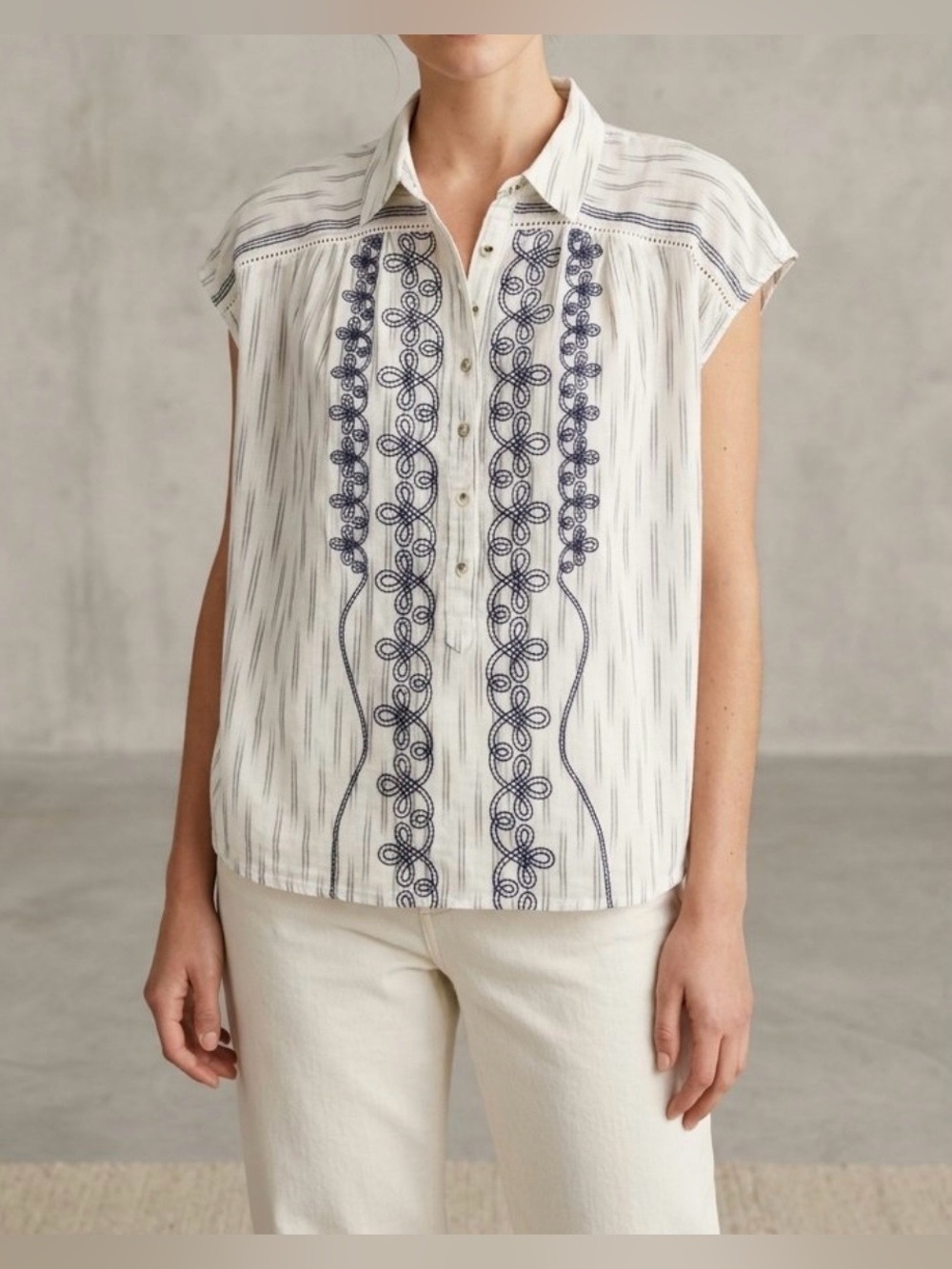 Anthropologie Pilcro Embroidered Surf Blouse White Blue Striped Boho Top Size MP